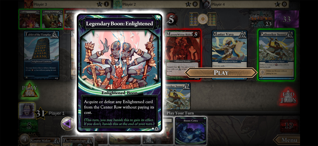 Ascension: Deckbuilding Game - Gameplay from Ascension Deckbuilding Game showing the Legendary Boon Enlightened card