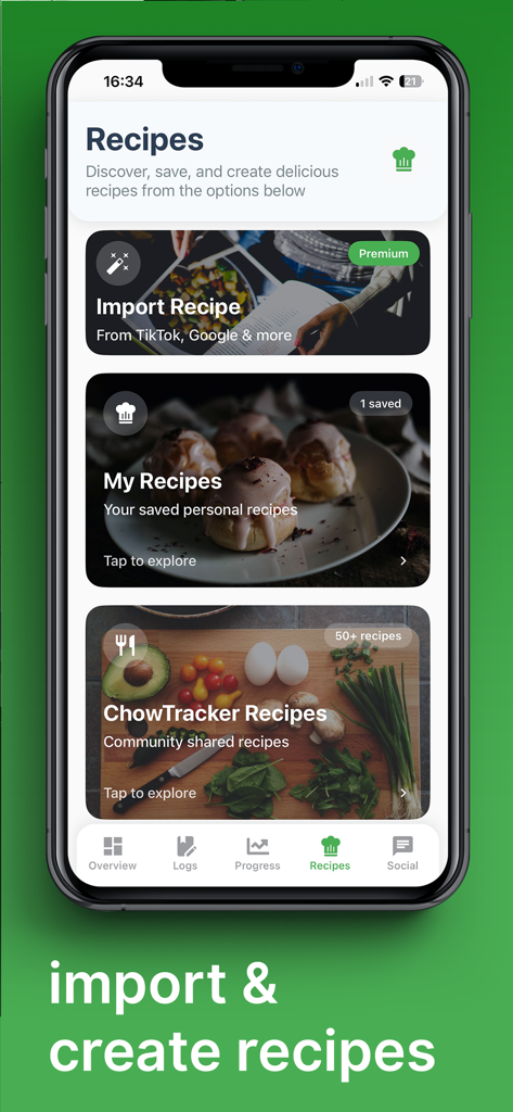 Interfaz de la aplicación ChowTracker que muestra opciones para importar y crear recetas saludables