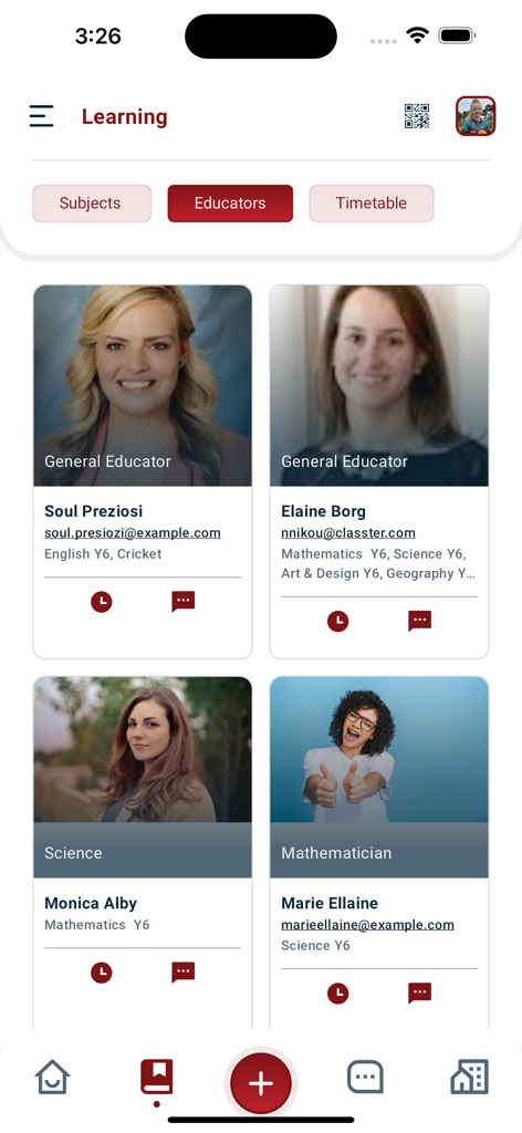 Classter - Classter app screen showing a directory of school educators with profile photos, names, and contact icons.