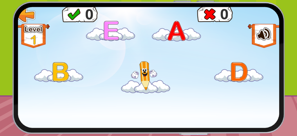 Educational game screen from Letters Island showing a cartoon pencil character and English letters A, B, D, and E on clouds