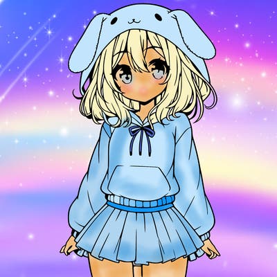 pretty anime girl wearing a fluffy hoodie with bunny ears on the hood and a skirt