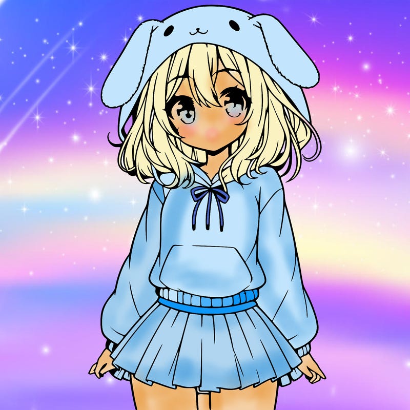 pretty anime girl wearing a fluffy hoodie with bunny ears on the hood and a skirt