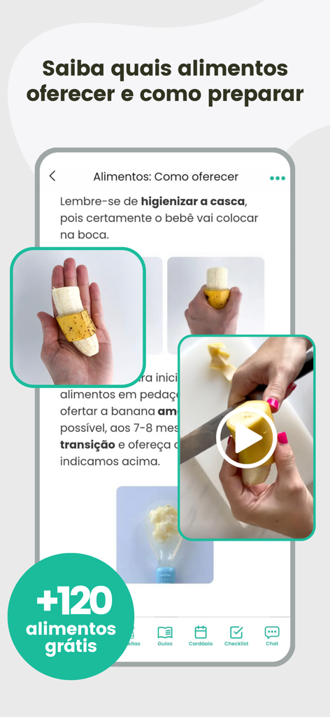 BLW Brasil Alimentação Bebês - BLWブラジルアプリの画面で、バナナの準備と提供方法が示されています。