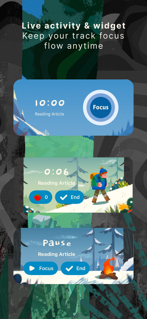 Focus Traveller app screenshot showing live activity and widget displays with focus timers and cozy mountain illustrations