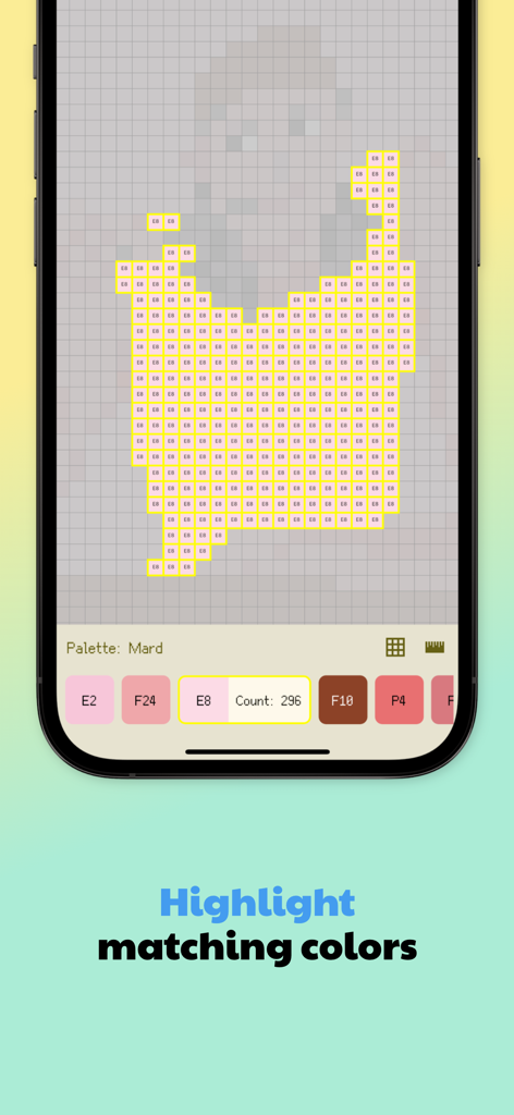 Screenshot dell'app Dot Lab che mostra una griglia di pixel art con colori corrispondenti evidenziati e un conteggio di perline per l'artigianato