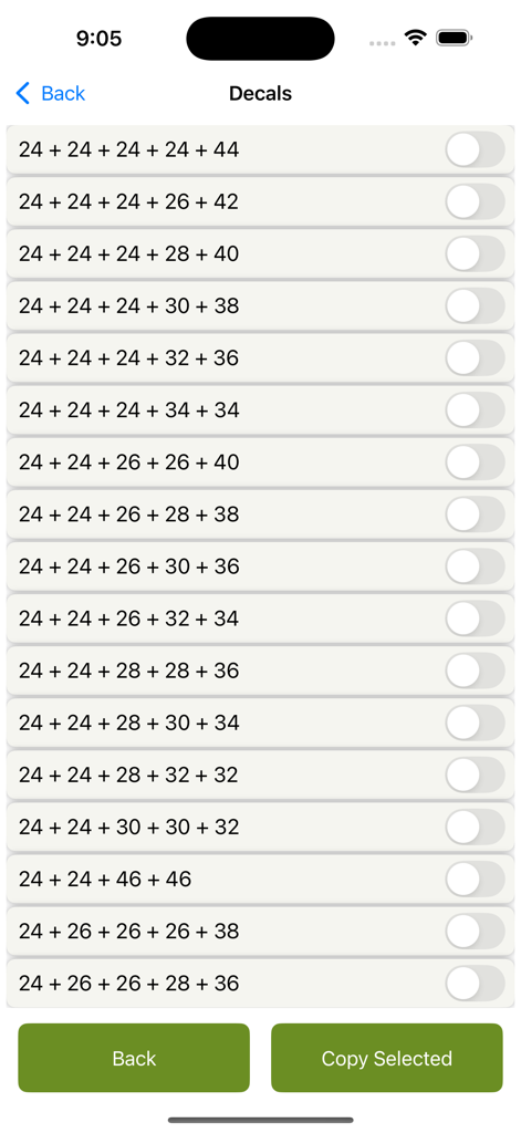 List of paper reel trim size combinations and slitting patterns for waste optimization in the Corrugated Carton Costing app