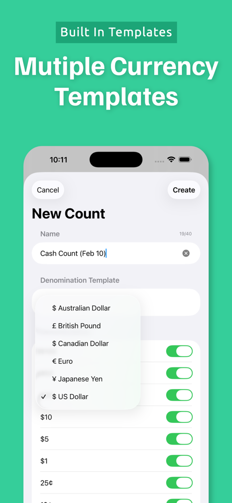 Money Counter - Coin Organizer - Der Money Counter App-Bildschirm zeigt eine Liste von Währungsvorlagen, einschließlich USD, Euro und Britisches Pfund für Bargeldzählsitzungen.
