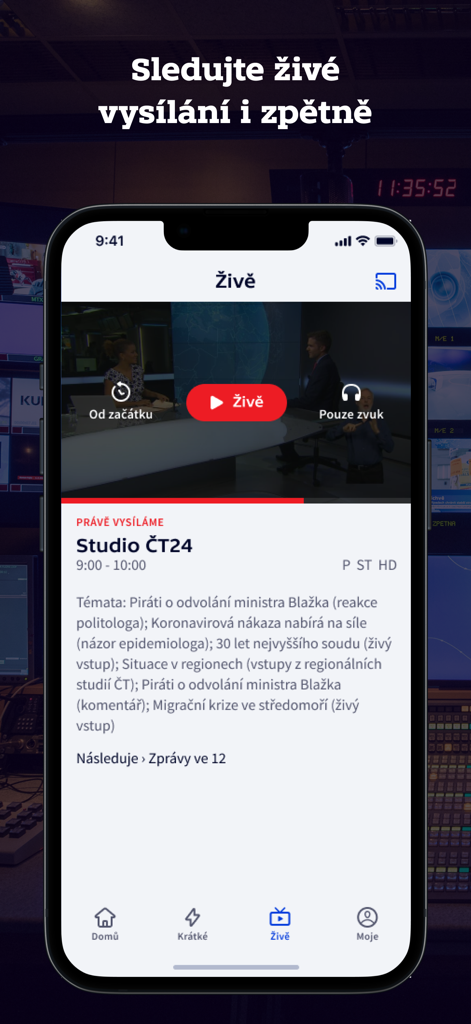 ČT24 - iPhone screenshot of the ČT24 news app displaying a live broadcast of Studio ČT24 with options for video and audio