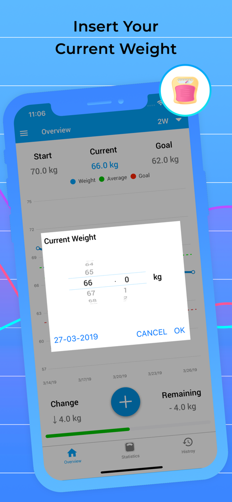 Weight Tracker & Check BMI - A mobile app interface for entering current body weight with a goal progress chart in the background