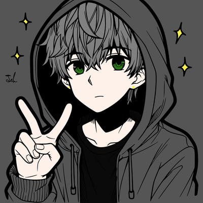teenage manga boy in a hoodie, doing ✌