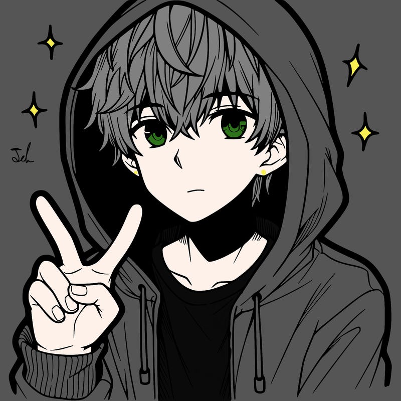 teenage manga boy in a hoodie, doing ✌