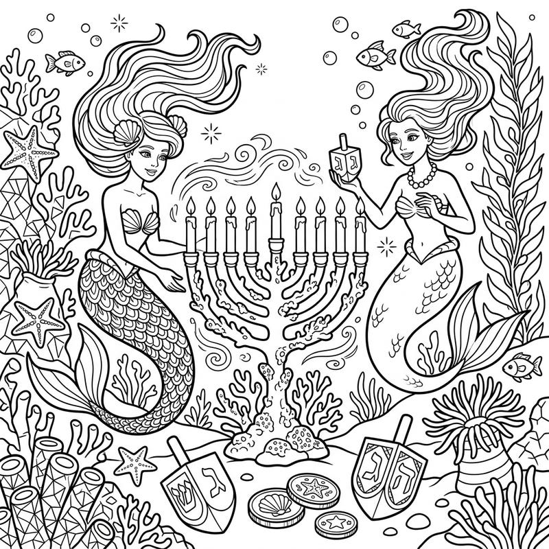 Discover a one-of-a-kind coloring experience where legendary siren mermaids observe the joyous traditions of Hanukkah. This festive design beautifully merges ancient lore with a beloved holiday, set in a wondrous underwater world.