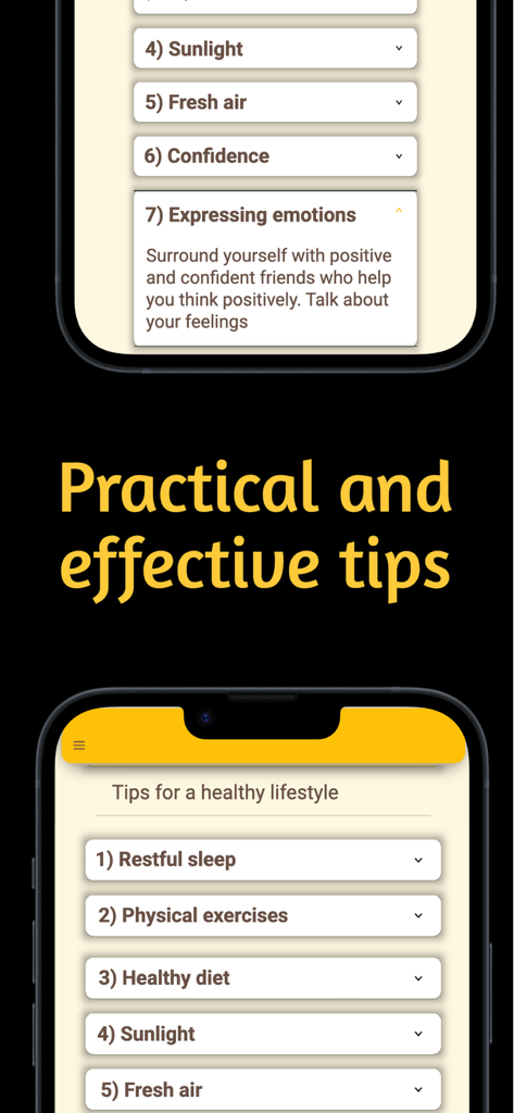 Pantalla móvil que muestra consejos prácticos para un estilo de vida saludable y bienestar emocional dentro de la aplicación Attitude Test.