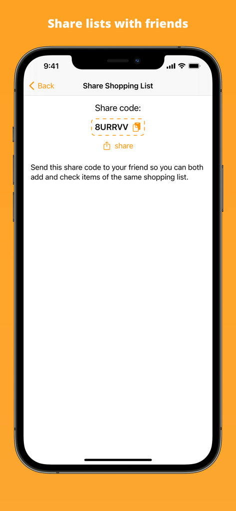 A screen showing a share code to synchronize shopping lists with friends and family.