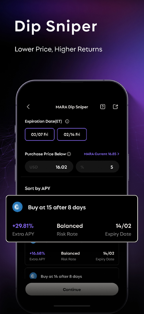 Pantalla de la estrategia de inversión en acciones Dip Sniper de la aplicación RockFlow mostrando una estrategia de inversión en acciones con APY adicional y niveles de riesgo