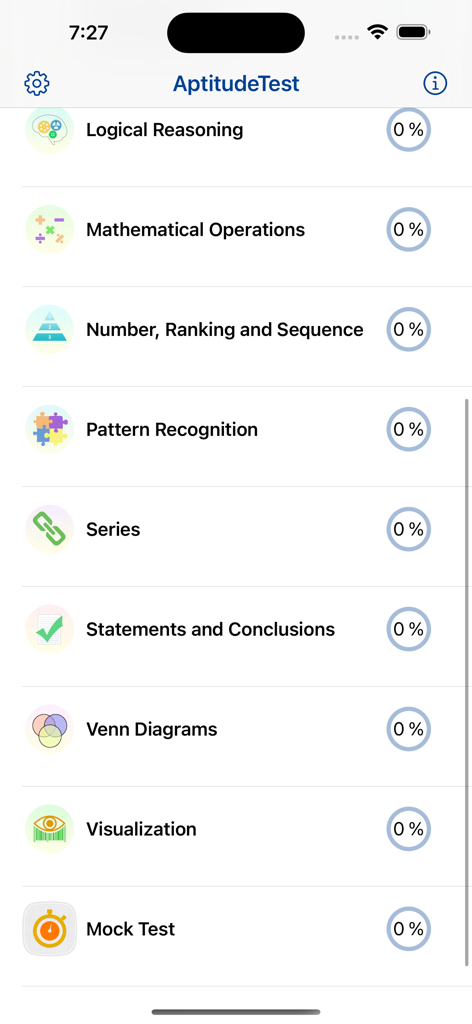 Elenco delle categorie di test nell'app Aptitude Test, tra cui Ragionamento logico e Riconoscimento di schemi con monitoraggio dei progressi