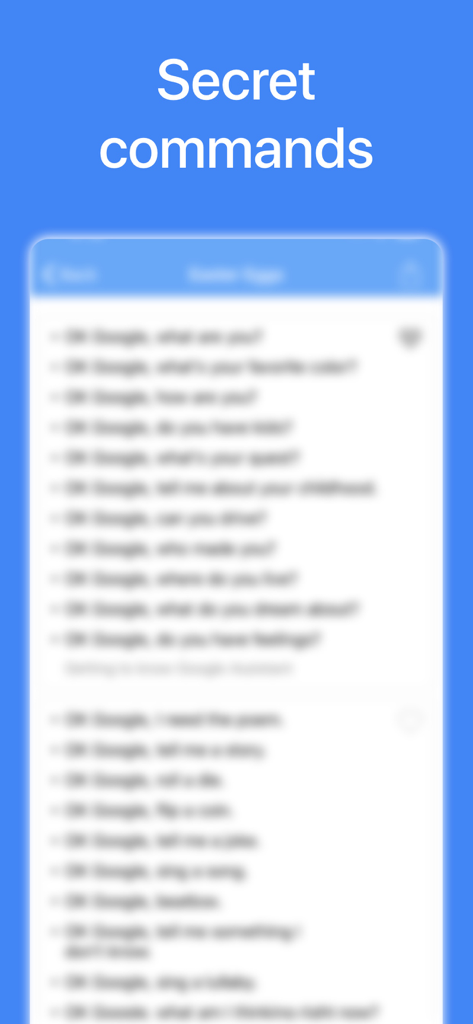 A list of secret voice commands for Google Assistant displayed in the app