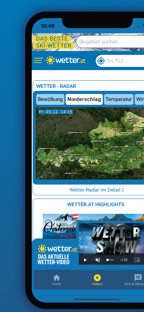 wetter.at - 오스트리아 강수량 레이더 지도와 스키 날씨 정보를 보여주는 모바일 앱 인터페이스
