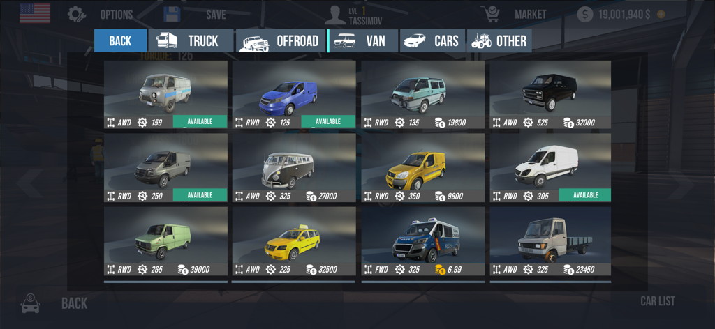 Nextgen: Truck Simulator - Una pantalla de Nextgen Truck Simulator que muestra una cuadrícula de diferentes modelos de furgonetas disponibles para comprar o seleccionar en el menú del juego
