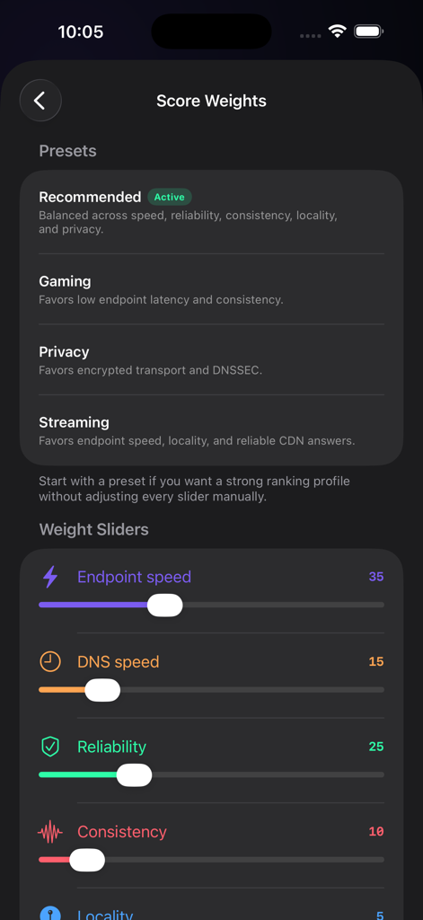 DNS Benchmark+ - Customizable score weight presets and sliders in the DNS Benchmark Plus app