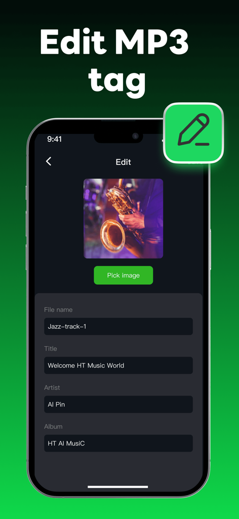 Interface of HT Offline Music Player showing the MP3 tag editor with fields for title artist and album