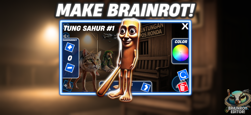 Brainrot Editor! - Interface of Brainrot Editor showing surreal characters and editing tools for creating memes