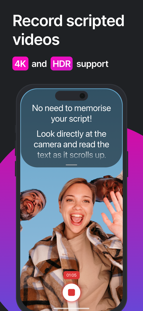 Video Teleprompter - Evelize - Mobile phone screen showing Evelize app recording scripted videos with a scrolling teleprompter and 4K HDR support
