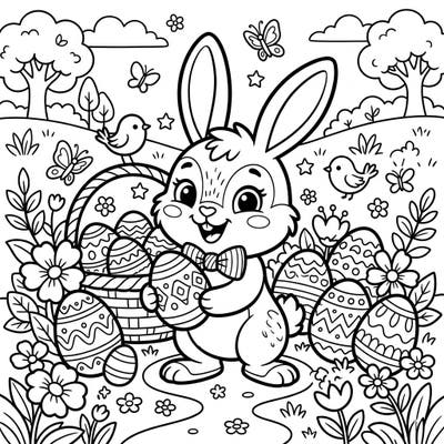 Get ready for an enchanting Easter with this delightful coloring page featuring a cheerful baby Easter bunny. Surrounded by intricately decorated eggs and blooming spring flowers, this design promises hours of creative joy.