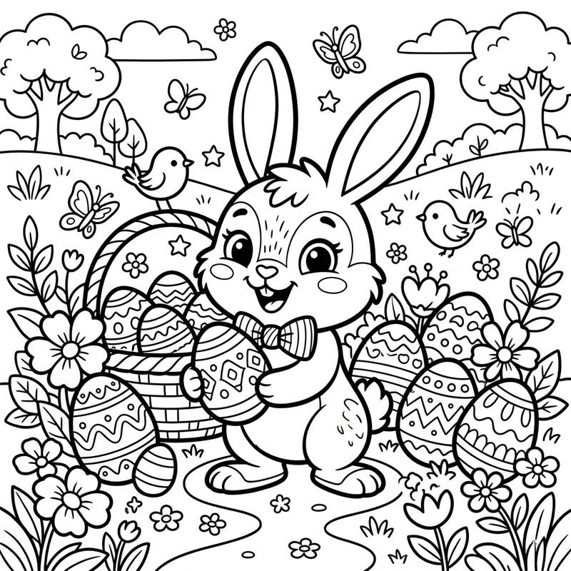 Get ready for an enchanting Easter with this delightful coloring page featuring a cheerful baby Easter bunny. Surrounded by intricately decorated eggs and blooming spring flowers, this design promises hours of creative joy.