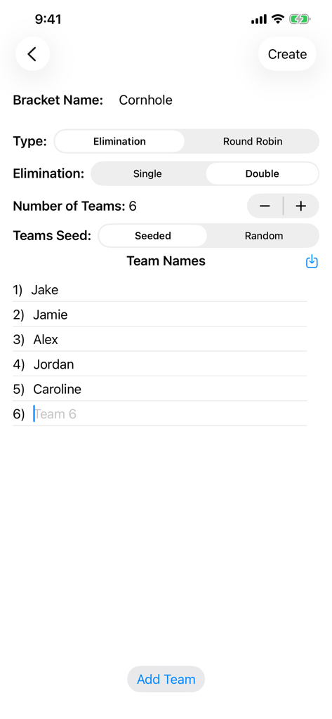 Bracket Builder - Tournament setup screen for a cornhole bracket with team names and elimination options