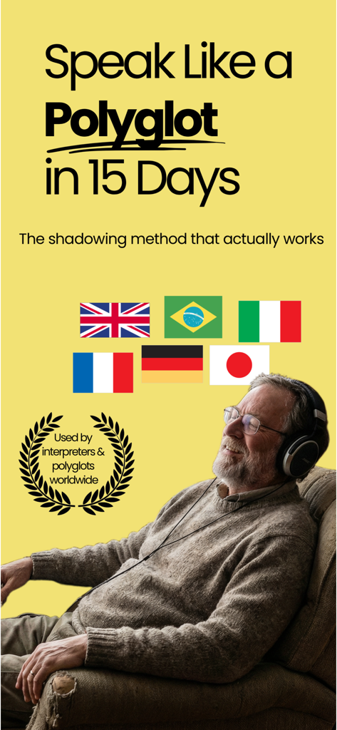 Shadow-Speak&Practice Language - Imagem promocional do aplicativo Shadow-Speak com um homem de fones de ouvido e a manchete Fale como um Poliglota em 15 Dias