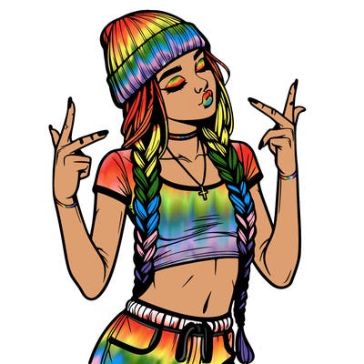 realistic teenage girl with braids and a beanie and crop top doing 🫶🏼
