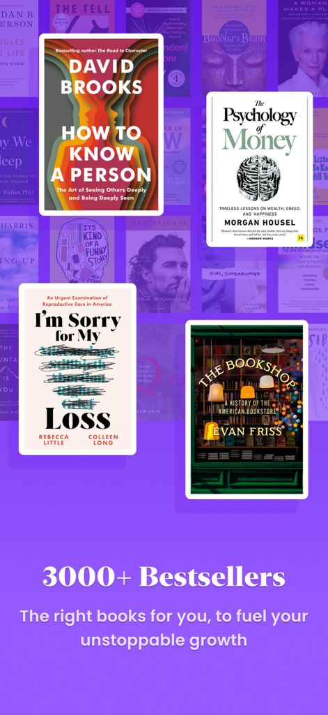 MindUp: Master a book everyday - MindUp app interface displaying a collection of over 3000 bestsellers including titles like The Psychology of Money and How to Know a Person.