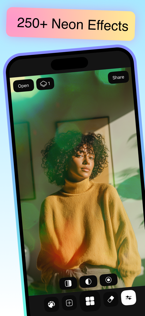 Retrato de una mujer con efectos de luz de neón verde aplicados en la interfaz de la aplicación Lights