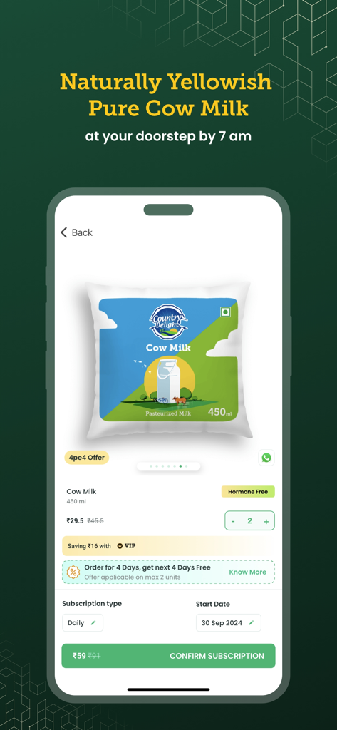 Country Delight mobile app screen showing pure cow milk subscription and doorstep delivery at 7 AM