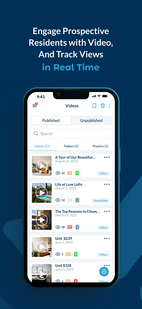 Realync Video Leasing - Dashboard dell'app Realync che visualizza un elenco di video immobiliari con conteggi di visualizzazione e analisi
