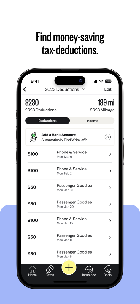 Interface de l'application Stride affichant une liste des dépenses professionnelles suivies et des déductions fiscales pour un indépendant