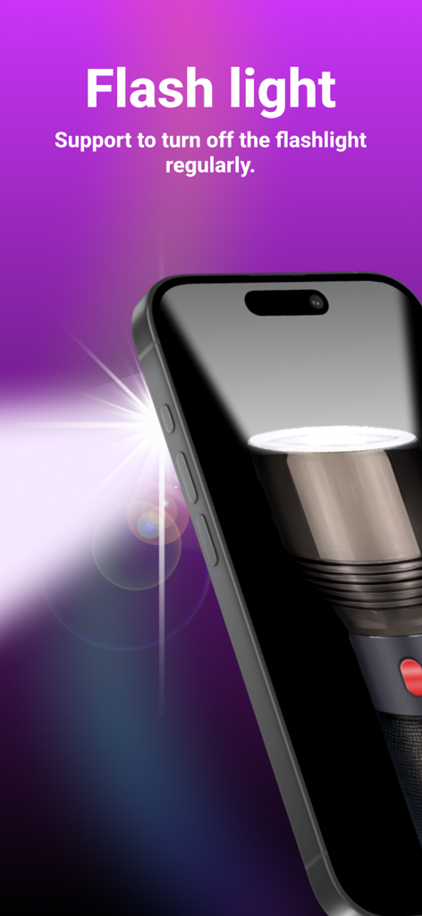 Un smartphone mostrando la función de linterna de la app LED Banner con un haz de luz brillante sobre un fondo morado.