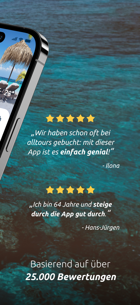 Five star user testimonials and ratings for the mein alltours travel app based on over twenty-five thousand reviews