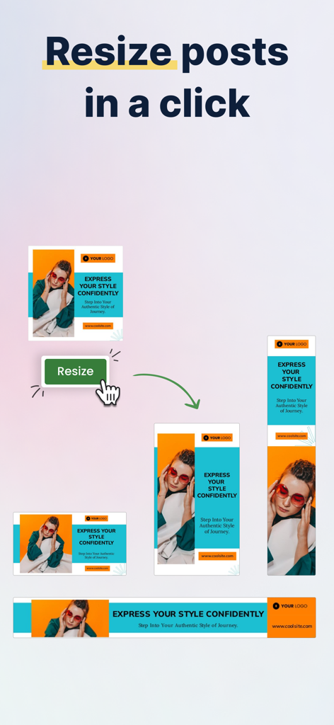 A demonstration of the Predis AI feature showing a single social media post being instantly resized into multiple formats like stories, banners, and square posts.