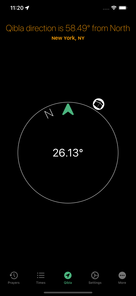 Pray Watch - Boussole numérique minimaliste Qibla pour trouver la direction de La Mecque sur une interface sombre