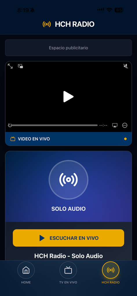 HCH TV app screen showing live radio and video streaming options