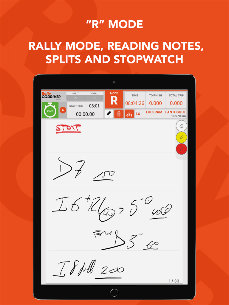 Rally Codriver - Interfaccia dell'app Rally Codriver in modalità R che mostra note di navigazione digitali e cronometro di gara su un iPad