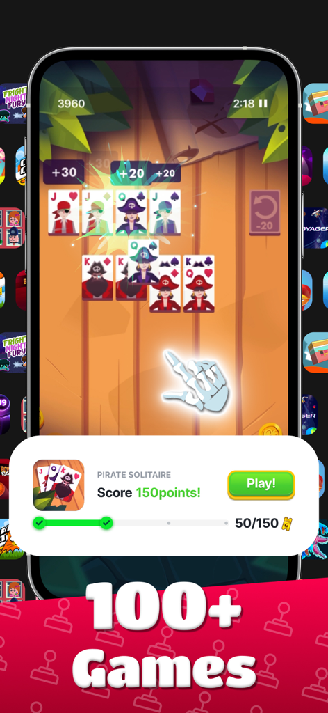 Gameplay of Pirate Solitaire inside the Prizes by GAMEE mobile arcade app showing a collection of over one hundred games