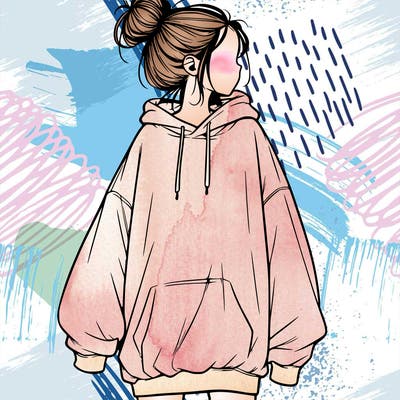 realistic girl with a oversized sweatshirt on and a bun