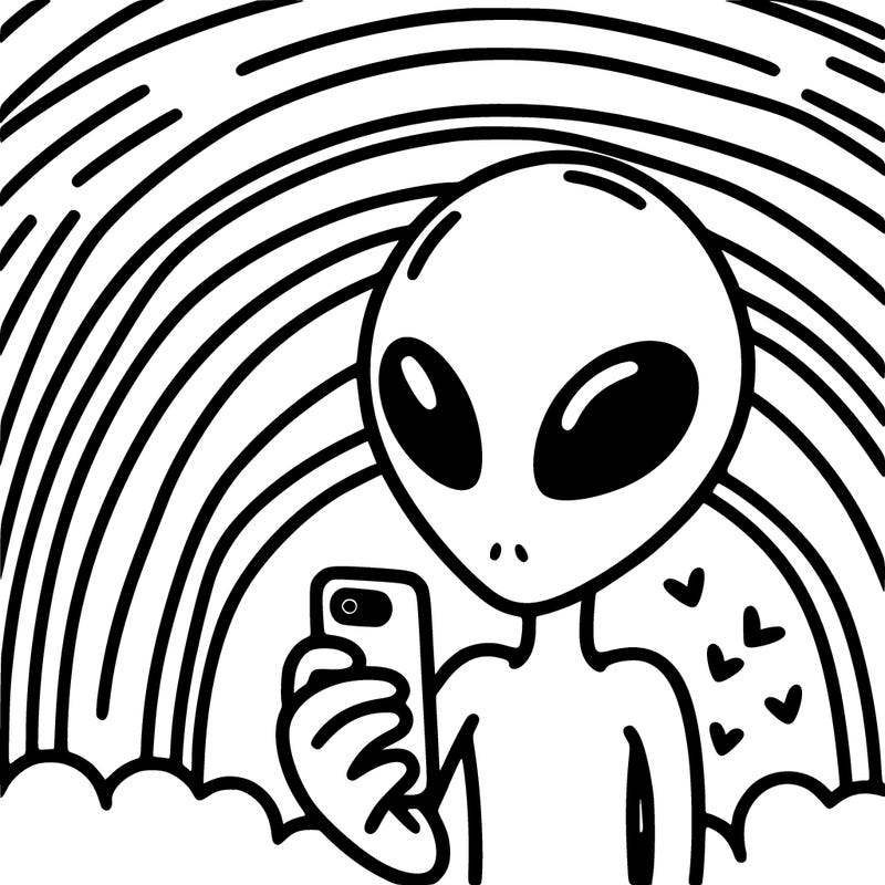 alien with a phone with rainbows in the background