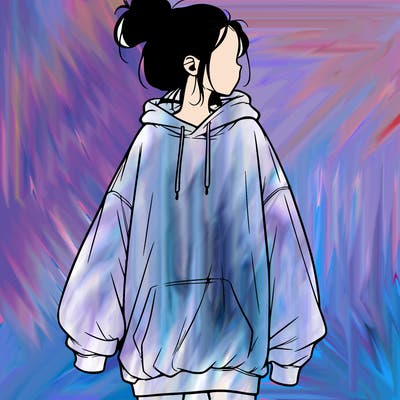 realistic girl with a oversized sweatshirt on and a bun