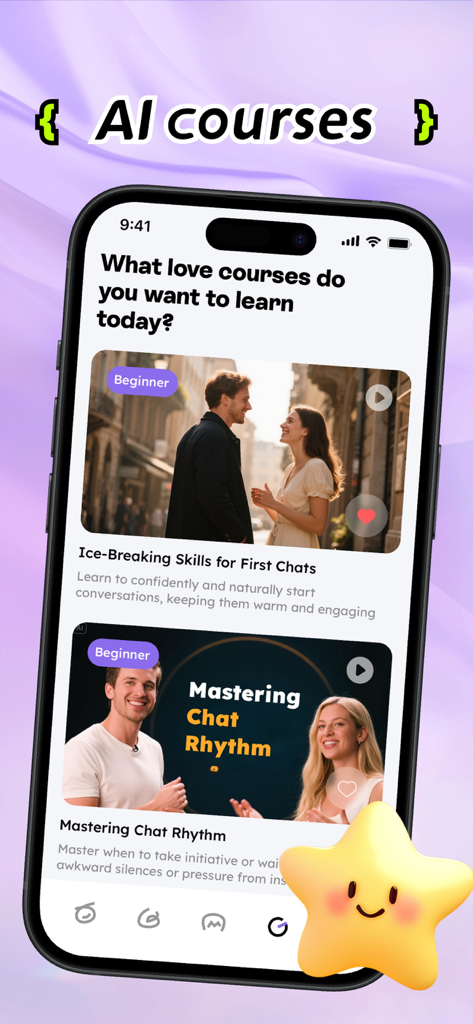 A smartphone display showing the Lovint app's AI love courses, including ice-breaking skills and chat rhythm mastery.