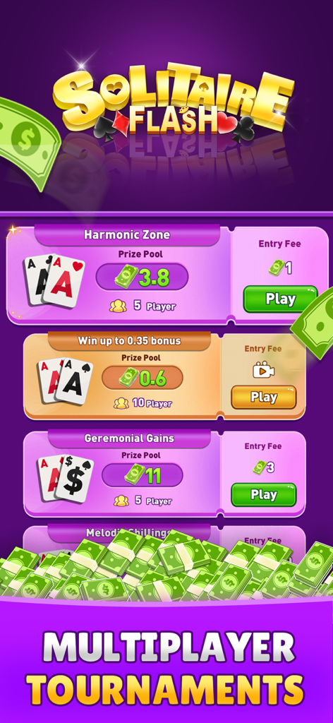 Solitaire Flash: Win Real Cash - Solitaire Flash multiplayer tournament menu showing different cash prize pools and entry fees