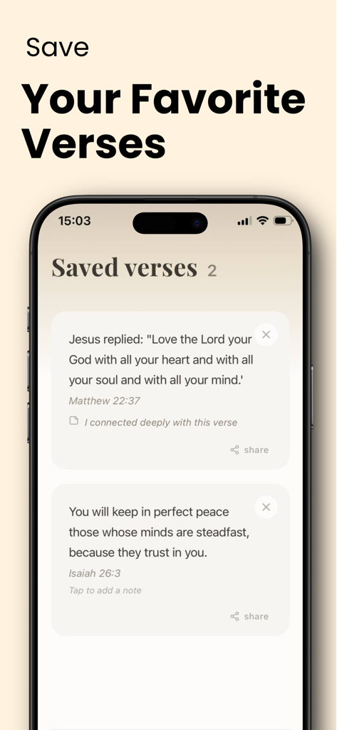 Daily Bible Verse: HolyWord - Interfaz que muestra versículos bíblicos guardados con notas personales en la aplicación HolyWord.